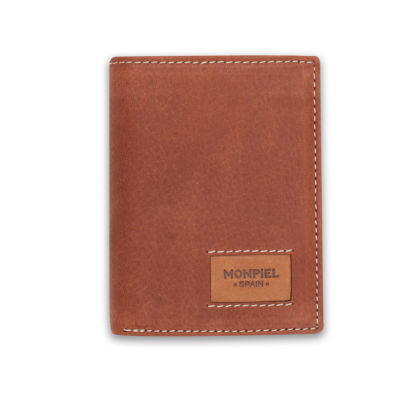Leather purse with internal coin pocket, featuring logo, in Havana color, front view, on a white background - MONPIEL