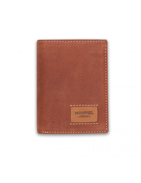 Leather wallet with internal coin pocket, featuring logo, in Havana color, front view, on a white background - MONPIEL Leather wallet with internal coin pocket, featuring logo, in Havana color, front view, on a white background - MONPIEL