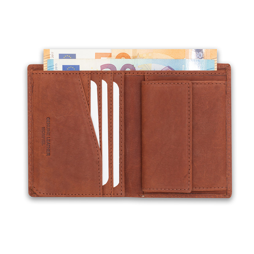 Leather purse with internal coin pocket, featuring logo, in Havana color, open, on a white background - MONPIEL