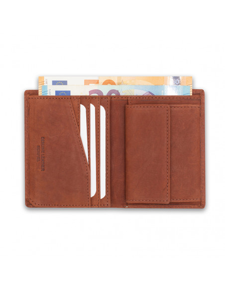 Porte-billets en cuir avec porte-monnaie intérieur et logo, couleur havane, ouvert sur fond blanc - MONPIEL