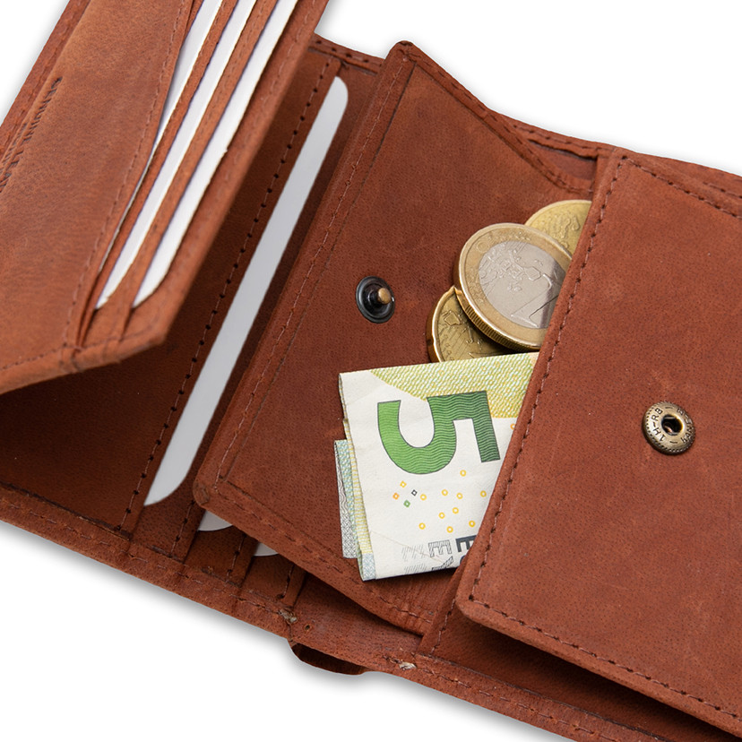 Leather purse with internal coin pocket, featuring logo, in Havana color, close-up interior detail, on a white backgro - MONPIEL