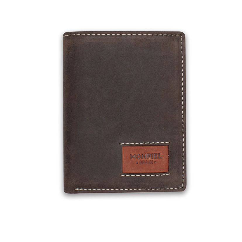 Leather wallet with internal coin pocket, featuring logo, in brown color, front view, on a white background - MONPIEL
