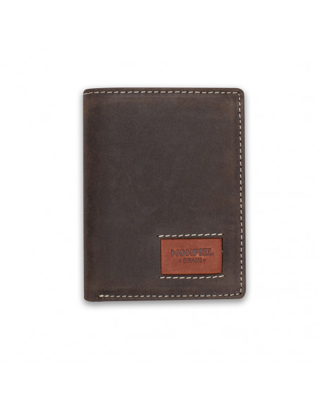 Leather billfold with coin pocket and logo in brown, front view on white background - MONPIEL Leather billfold with coin pocket and logo in brown, front view on white background - MONPIEL