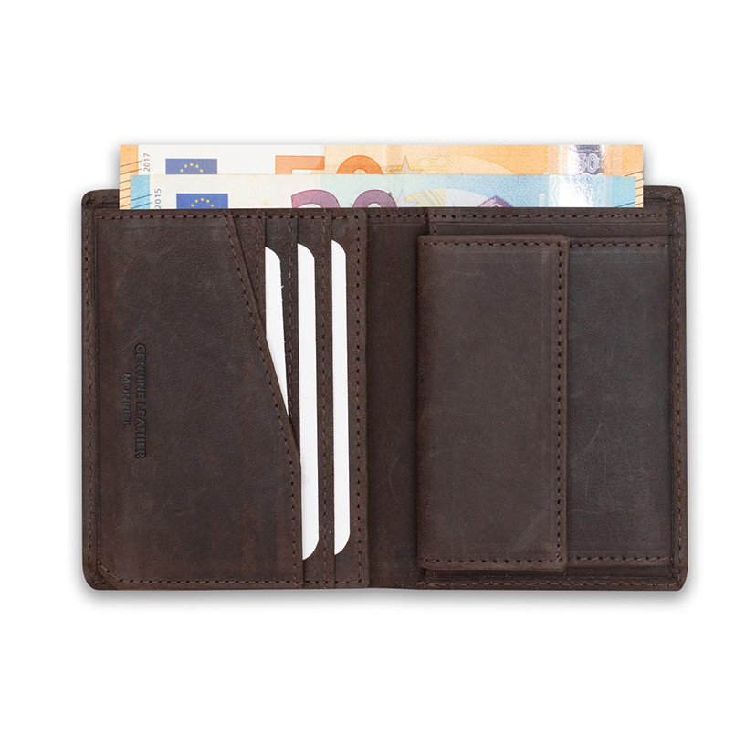 Leather purse with internal coin pocket, featuring logo, in brown color, open, on a white background - MONPIEL