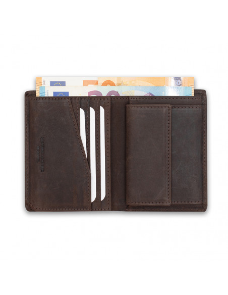 Leather billfold with coin pocket and logo in brown, open on white background - MONPIEL Leather billfold with coin pocket and logo in brown, open on white background - MONPIEL