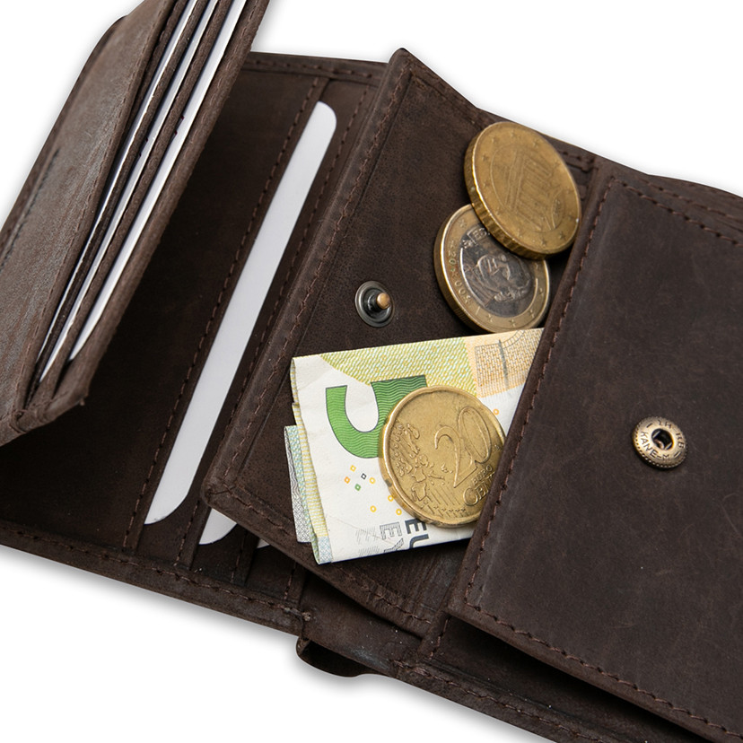 Leather wallet with internal coin pocket, featuring logo, in brown color, close-up interior detail, on a white backgro - MONPIEL