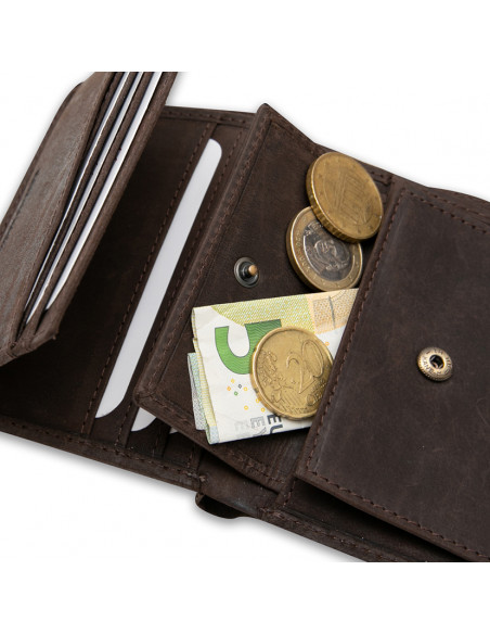 Porte-billets en cuir avec porte-monnaie intérieur et logo, couleur marron, gros plan sur l’intérieur sur fond blanc - MONPIEL