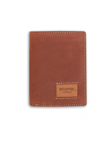 Simple leather billfold with logo in Havana color, front view on white background - MONPIEL Simple leather billfold with logo in Havana color, front view on white background - MONPIEL