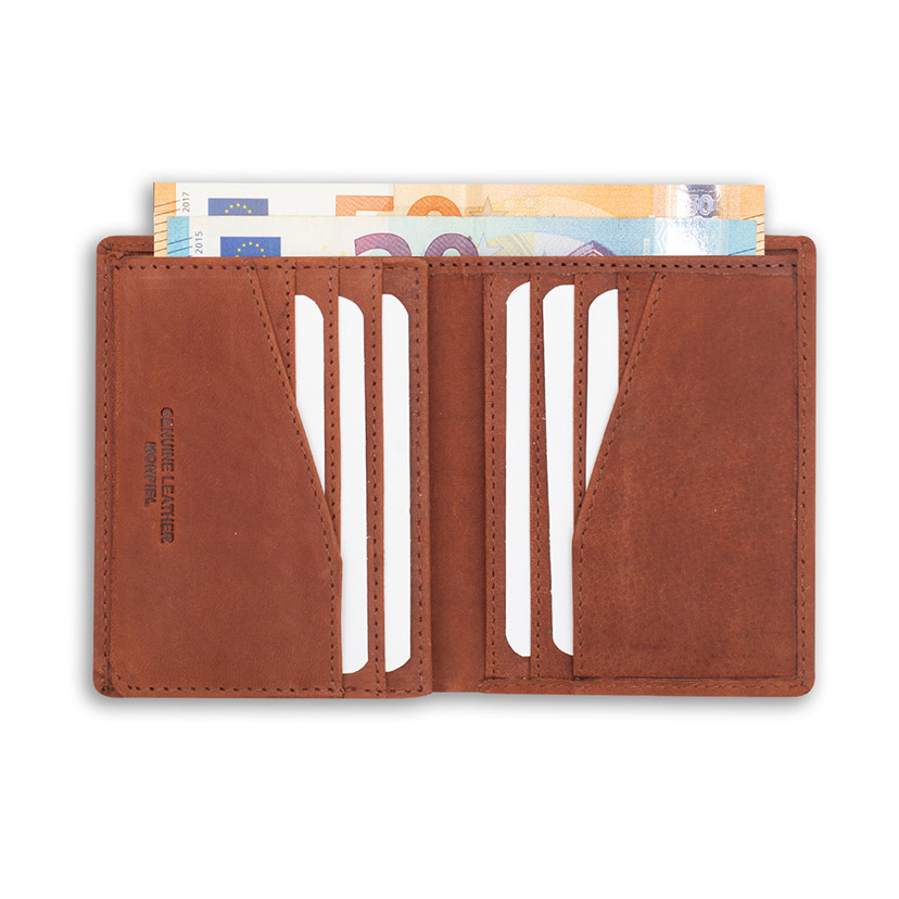 Simple leather purse with logo in Havana color, open, on a white background - MONPIEL