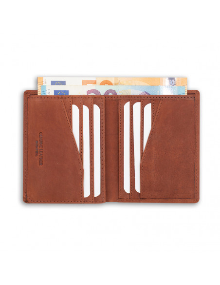 Simple leather billfold with logo in Havana color, open on white background - MONPIEL Simple leather billfold with logo in Havana color, open on white background - MONPIEL