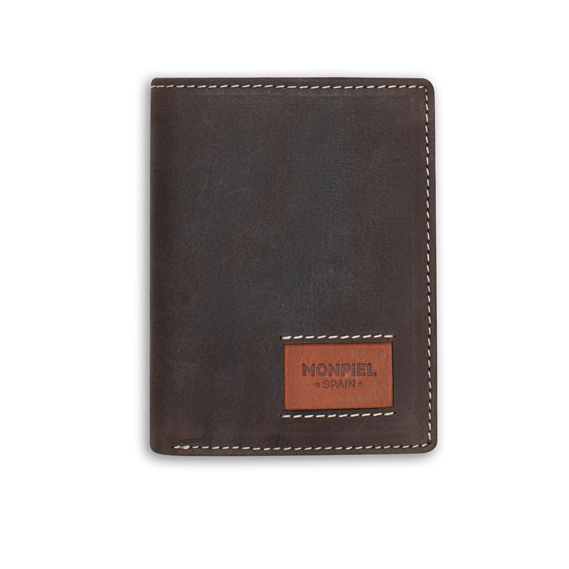 Simple leather wallet with logo in brown color, front view, on a white background - MONPIEL