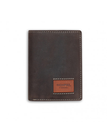 Einfacher Leder-Billfold mit Logo, Farbe Braun, Frontalansicht auf weißem Hintergrund - MONPIEL