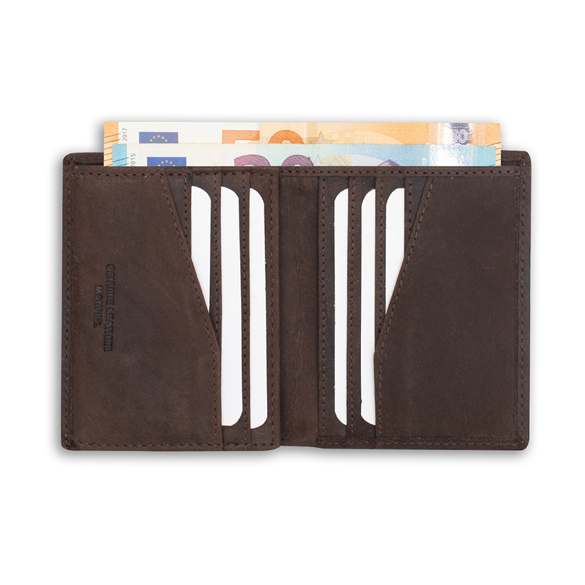 Simple leather purse with logo in brown color, open, on a white background - MONPIEL