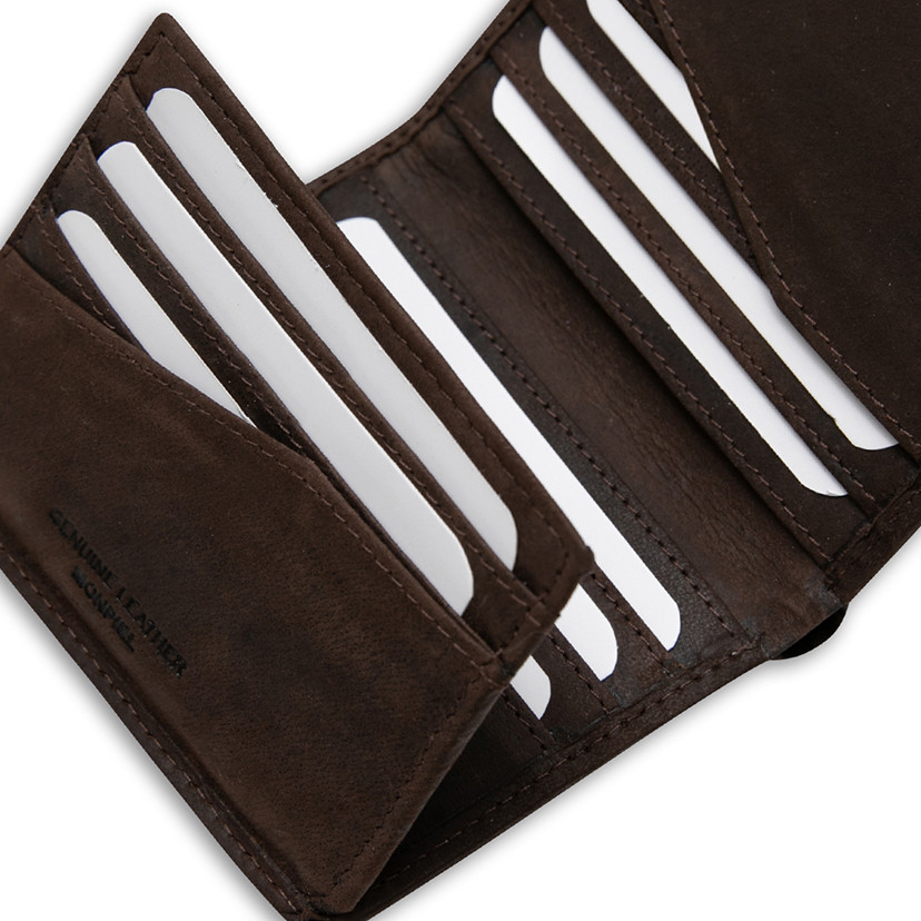Simple leather wallet with logo in brown color, close-up detail of card slots, on a white background - MONPIEL