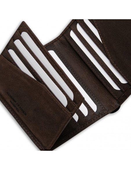 Simple leather purse with logo in brown color, close-up detail of card slots, on a white background - MONPIEL