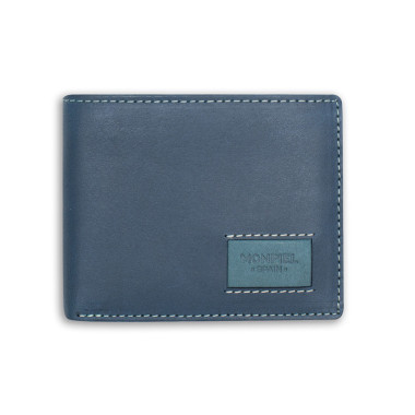 Grand portefeuille américain en cuir avec logo en bleu, vue de face sur fond blanc - MONPIEL 2