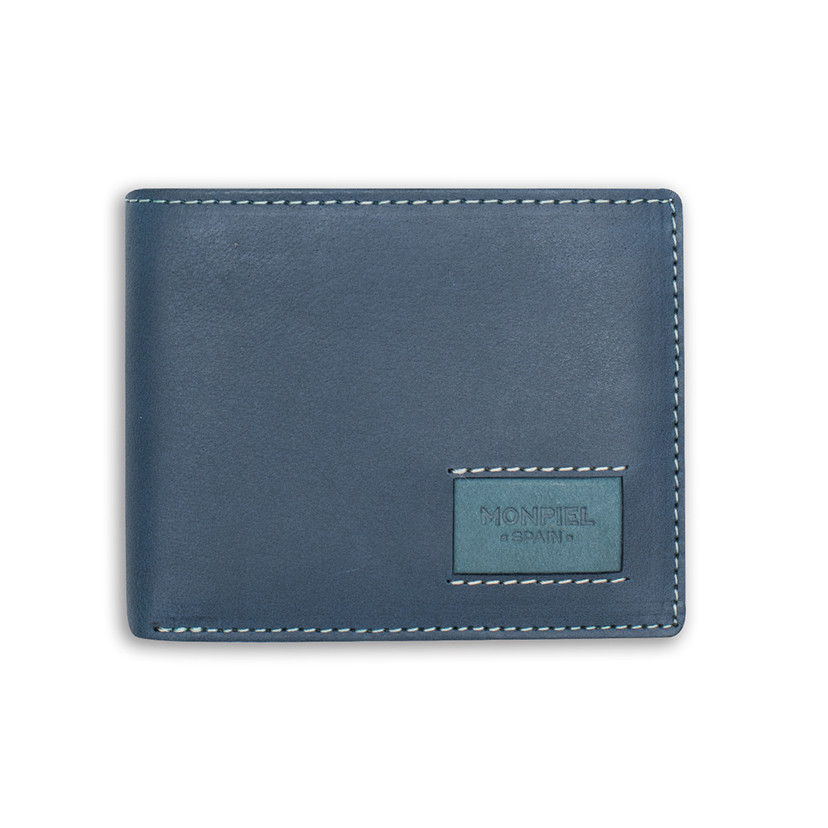 Large American-style leather purse with logo in blue color, front view, on a white background - MONPIEL