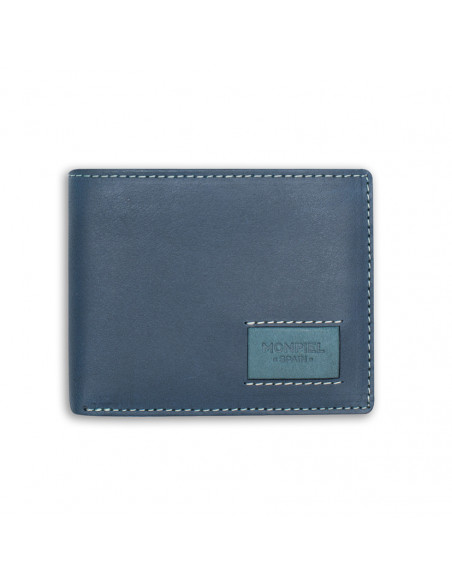 Portafoglio americano grande in pelle con logo in colore blu, vista frontale su sfondo bianco - MONPIEL