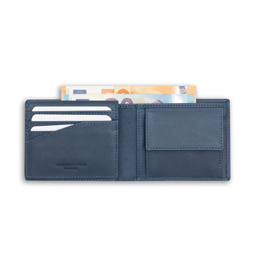 Large American-style leather purse with logo in blue color, open, on a white background - MONPIEL