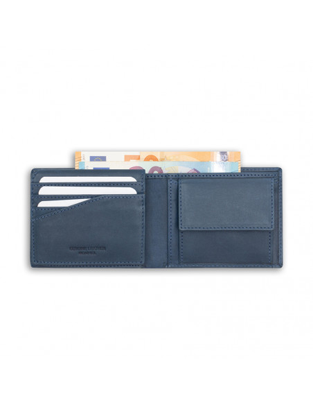 Large American leather wallet with logo in blue, open on white background - MONPIEL Large American leather wallet with logo in blue, open on white background - MONPIEL