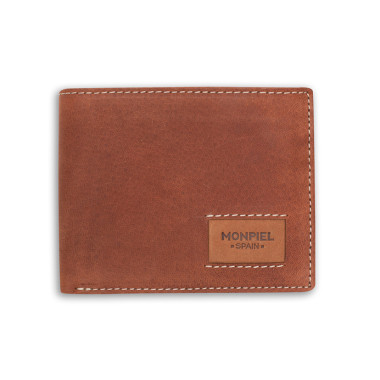Large American leather wallet with logo in blue, front view on white background - MONPIEL 2