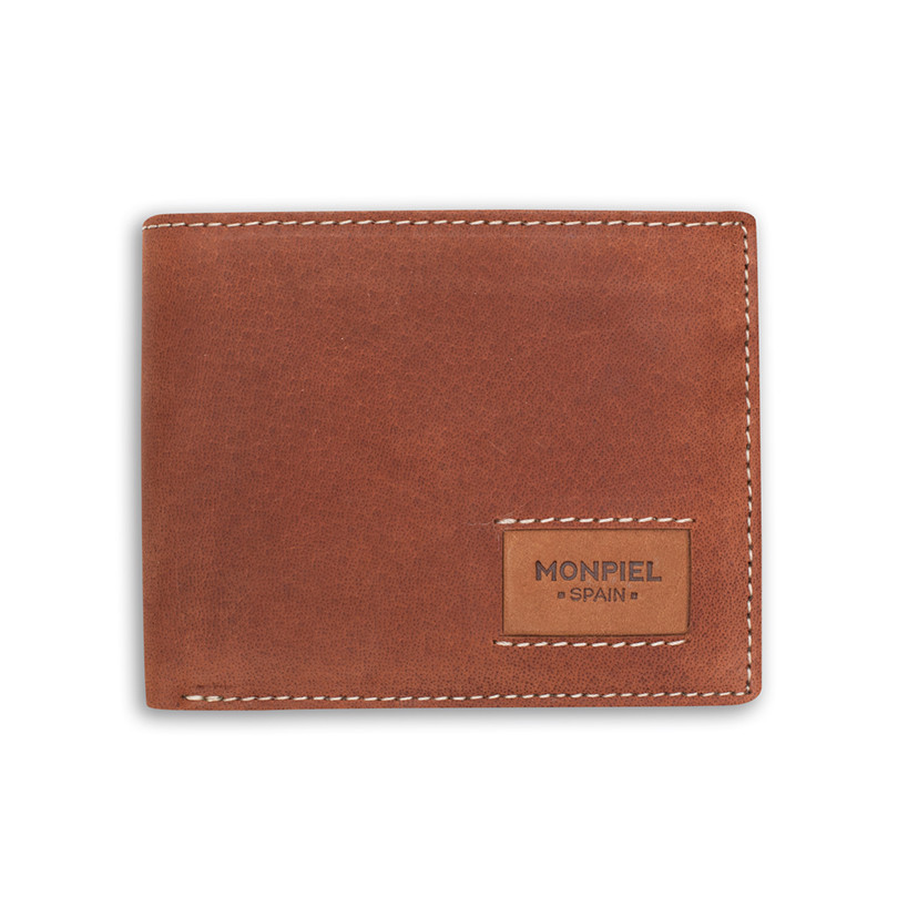 Large American-style leather purse with logo in Havana color, front view, on a white background - MONPIEL