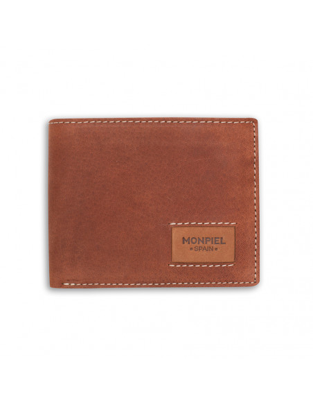 Grand portefeuille américain en cuir avec logo couleur havane, vue de face sur fond blanc - MONPIEL Grand portefeuille américain en cuir avec logo couleur havane, vue de face sur fond blanc - MONPIEL