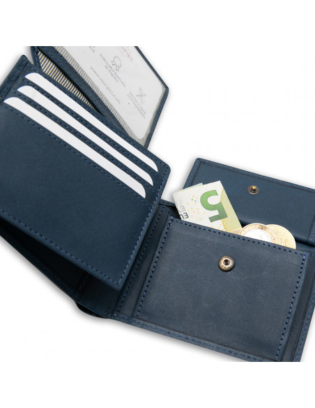 Large American leather wallet with logo in blue, open with interior detail on white background - MONPIEL Large American leather wallet with logo in blue, open with interior detail on white background - MONPIEL