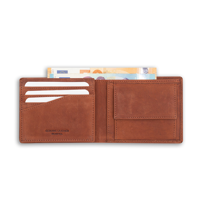 Large American-style leather purse with logo in Havana color, open, on a white background - MONPIEL