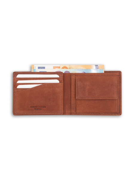 Grand portefeuille américain en cuir avec logo couleur havane, ouvert sur fond blanc - MONPIEL Grand portefeuille américain en cuir avec logo couleur havane, ouvert sur fond blanc - MONPIEL