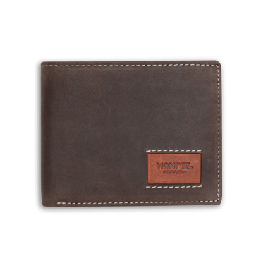 Grand portefeuille américain en cuir avec logo en bleu, vue de face sur fond blanc - MONPIEL 2