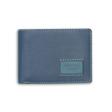 Petit portefeuille américain en cuir bleu, vue de face sur fond blanc - MONPIEL 2