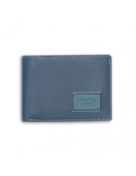 Portafoglio americano piccolo in pelle in colore blu, vista frontale su sfondo bianco - MONPIEL