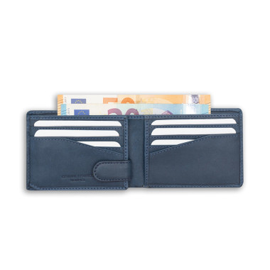 Small American leather wallet in blue, front view on white background - MONPIEL 2
