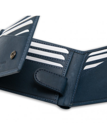 Portafoglio americano piccolo in pelle in colore blu, primo piano dell’interno su sfondo bianco - MONPIEL