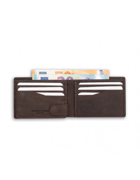 Petit portefeuille américain en cuir marron, ouvert sur fond blanc - MONPIEL