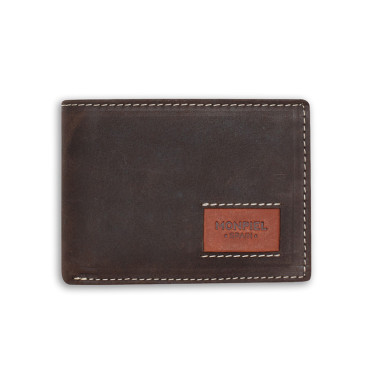 Small American leather wallet in blue, front view on white background - MONPIEL 2