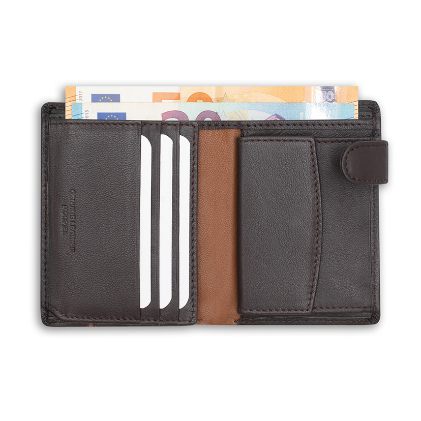 Leather wallet with clasp and coin pocket, with lateral stripe, in brown color, open, on a white background - MONPIEL