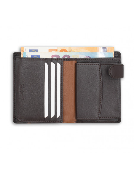 Leather billfold with clasp and lateral stripe in brown, open on white background - MONPIEL Leather billfold with clasp and lateral stripe in brown, open on white background - MONPIEL