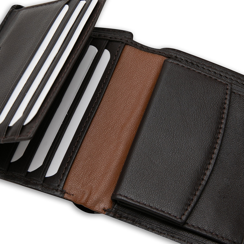 Leather wallet with clasp and coin pocket, with lateral stripe, in brown color, interior detail, on a white background - MONPIEL