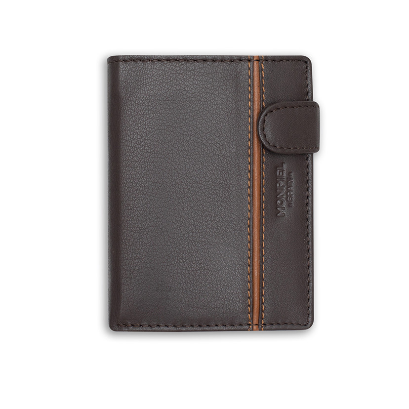 Leather wallet with clasp and coin pocket, with lateral stripe, in brown color, front view, on a white background - MONPIEL
