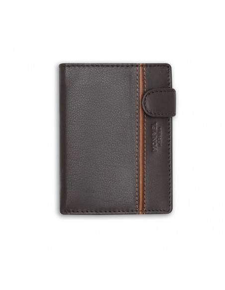 Leather billfold with clasp and lateral stripe in brown, front view on white background - MONPIEL Leather billfold with clasp and lateral stripe in brown, front view on white background - MONPIEL
