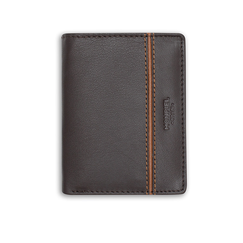 Leather wallet with lateral stripe and coin pocket, front view, on a white background - MONPIEL