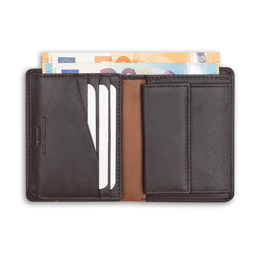 Leather wallet with lateral stripe and coin pocket in brown color, open, on a white background - MONPIEL