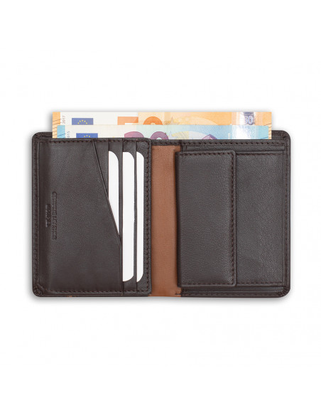 Leather billfold with lateral stripe and coin pocket in brown, open on white background - MONPIEL Leather billfold with lateral stripe and coin pocket in brown, open on white background - MONPIEL