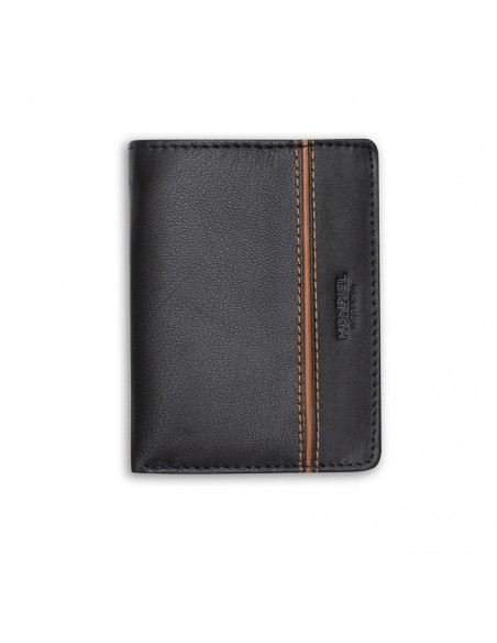 Leather wallet with lateral stripe and coin pocket in black color, front view, on a white background - MONPIEL