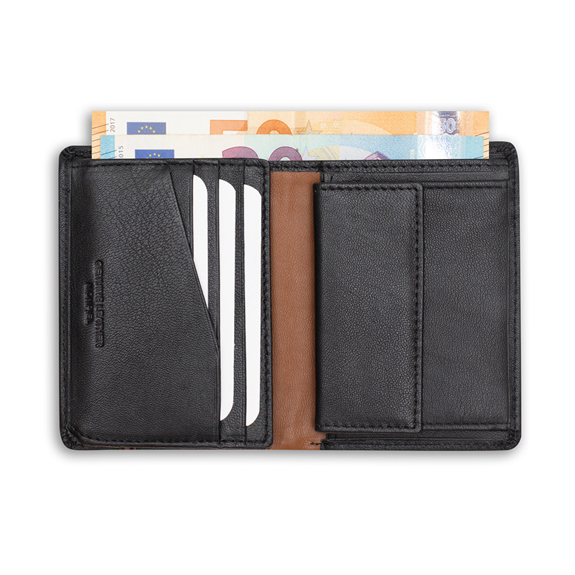 Leather wallet with lateral stripe and coin pocket in black color, open, on a white background - MONPIEL