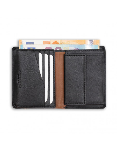 Leather wallet with lateral stripe and coin pocket in black color, open, on a white background - MONPIEL
