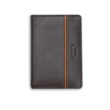 Small leather wallet with lateral stripe and coin pocket in brown color, front view, on a white background - MONPIEL