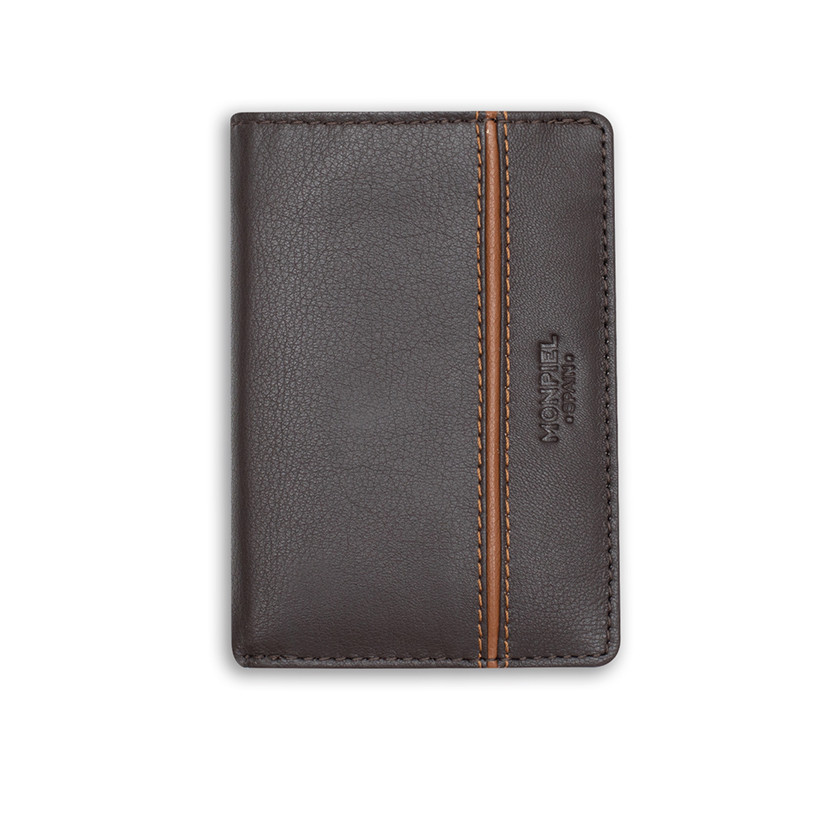 Small leather purse with lateral stripe and coin pocket in brown color, front view, on a white background - MONPIEL